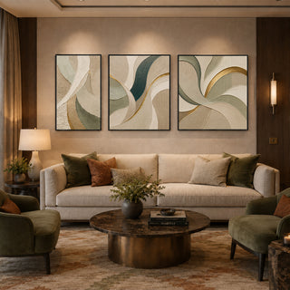 Black box framed gold spiral abstract relief canvas set of 3 in a lounge