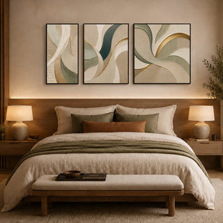 Framed abstract relief wall art above a bed in a warm bedroom