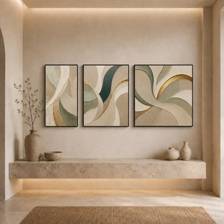 Black box framed abstract relief canvas set above a stone ledge