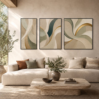 Framed 3D relief abstract wall art in a sunlit living room