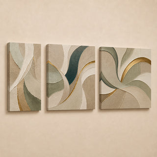 Cream and sand spiral abstract relief canvas triptych in gallery wrap