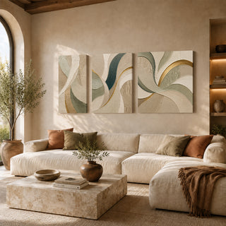 Cream and gold spiral abstract 3D relief textured canvas print set of 3